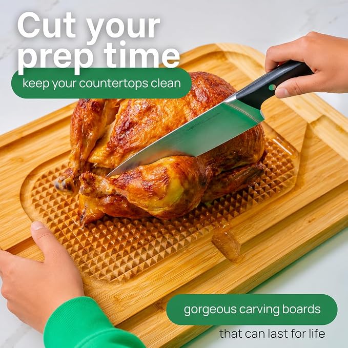 GREENER CHEF 18 Inch Extra Large Organic Turkey Carving Board with Lifetime Replacements - XL Wooden Butcher Block Meat Cutting Board with Pour Spout - Thanksgiving Cooking Essentials