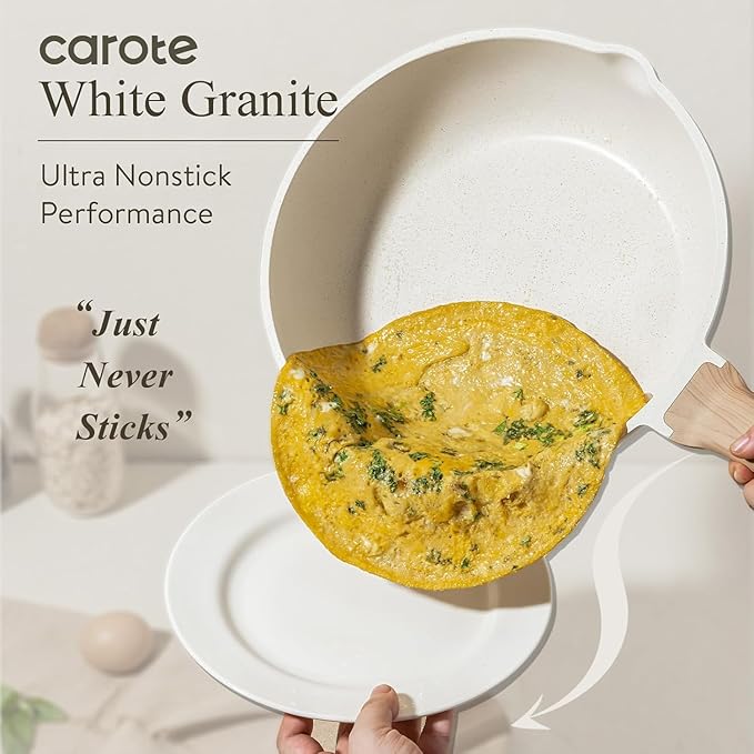 CAROTE Non Stick Frying Pan, 12 Inch Cream White Skillet with Glass Lid | Non Toxic Kitchen Healthy Cookware, Compatible with All Stovetop, Easy to Clean, PFOA Free