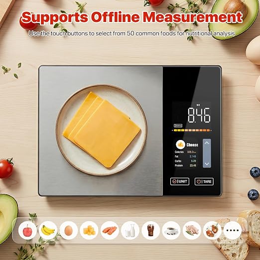 Food Scale with Nutritional Calculator, Smart Food Scale for Kitchen Tracks Calories, Fat, Carbs, Protein with Free App for Healthy Eating Meal Prep, 50+ Foods & 23 Nutrients Built-in, TFT Display