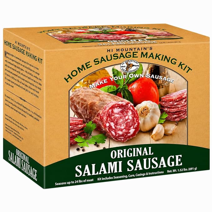 Hi Mountain SALAMI Seasoning Kit | Complete Salami-making kit with seasoning, cure & 10 casings. Beef, pork, venison, deer, elk & wild game. Makes up to 18 lbs