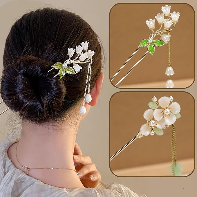 2Packs Lily of the Valley Chinese Hair Sticks for Buns, Pearl Flower Vintage Metal Hair Chopsticks for Women and Girls Dangle Tassel Pendant Accessories Hanfu Handmade Decor Hairpin (green)