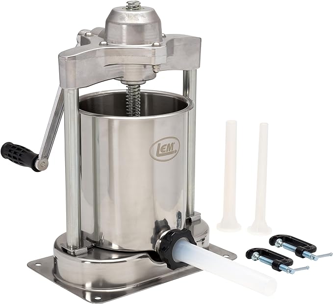 LEM Products MightyBite 15 lb Vertical Sausage Stuffer, Stainless Steel Meat Stuffer Machine for Home Kitchen Use, Large-Batch Sausage Maker with Air-Release Piston and Stuffing Tubes