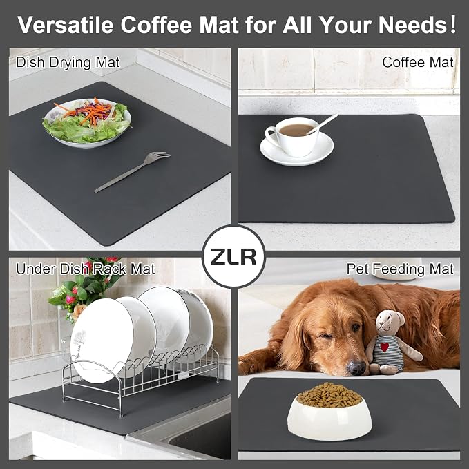 ZLR XXL Coffee Bar Mat for Barista Workstation, 20"x24", Dark Gray | Pro Home Cafe Station, Absorbent Dish Drying Mat, Stain-Hiding Top, Fits Multi-Appliance, Cup Display & Knock Box