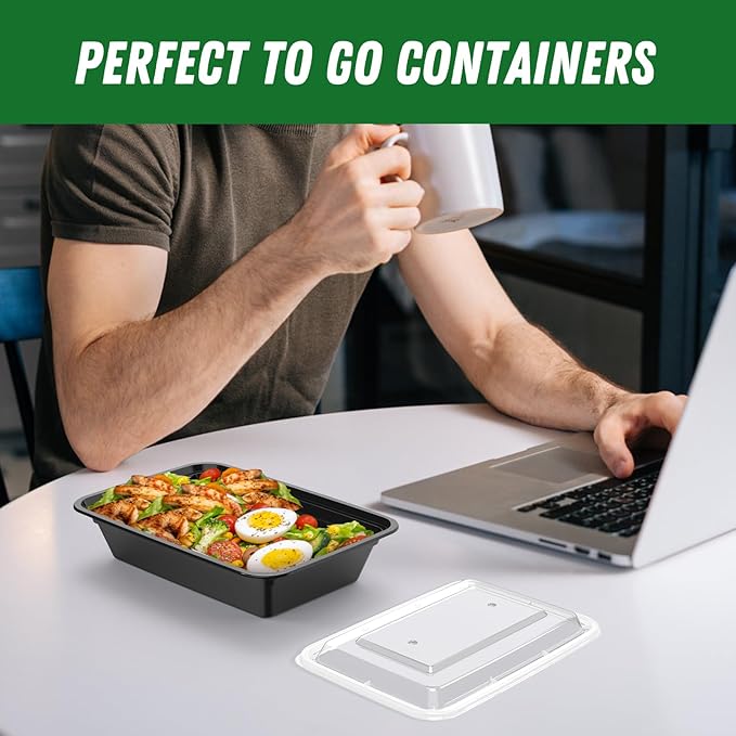 50 Pack (100-Piece) 32 oz Meal Prep Containers with Easy Open Lids, Black | Sturdy Leakproof & Food Safe, Microwave, Freezer, Dishwasher Safe Prep Containers, To Go Take Out Plastic Food Storage