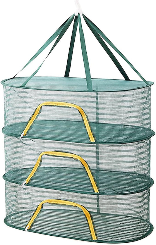 Foldable Drying Net for Vegetables, Fish, and Dehydrated Goods, Multi-tiered Food Drying Net, Versatile Drying Rack, Windproof Design, Zipper Closure for Insect Protection (Dark green, Triple Layer)