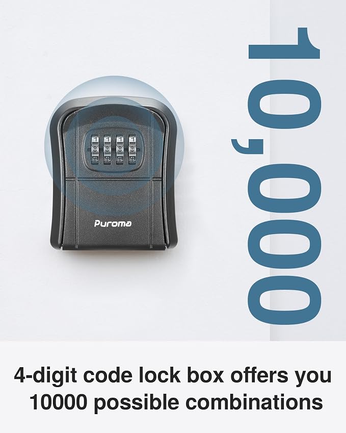 Puroma Key Lock Box Combo Wall-Mounted Storage Safe Lockbox Home Office | Outside, Portable, Wall Mount, Resettable, Combination, Weatherproof, High-capacity, Hold 5 Keys, Contractor Guest Realtor