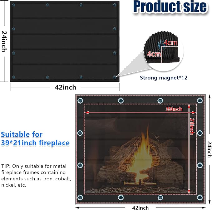 Magnetic Fireplace Blanket for Heat Loss Indoor Fireplace Covers Keep Drafts Out Stops Heat Loss Fireplace Draft Stopper with Built-in 12 Strong Magnet for Iron Fireplace Frame Fireplace Screen 42x24