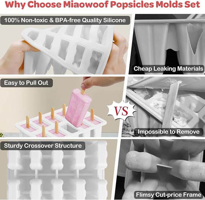 Miaowoof Homemade Popsicle Molds, 10-Cav Non-BPA Silicone Ice Pop Maker, with 50 Sticks, 50 Bags, 10 Reusable Sticks, Funnel, Brush and Ice Pop Recipe (White)