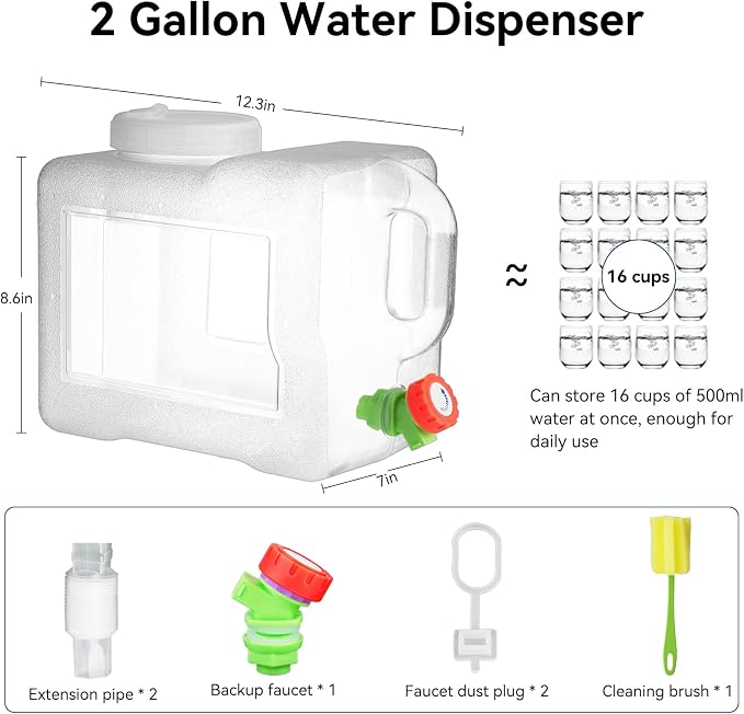 Drink Water Dispenser for Fridge - 2 Gallon Beverage Dispenser with Leak-Proof Spigot, Portable Food-grade Water Jug Container with Spout Handle for Kitchen Refrigerator Outdoor Camping Hiking