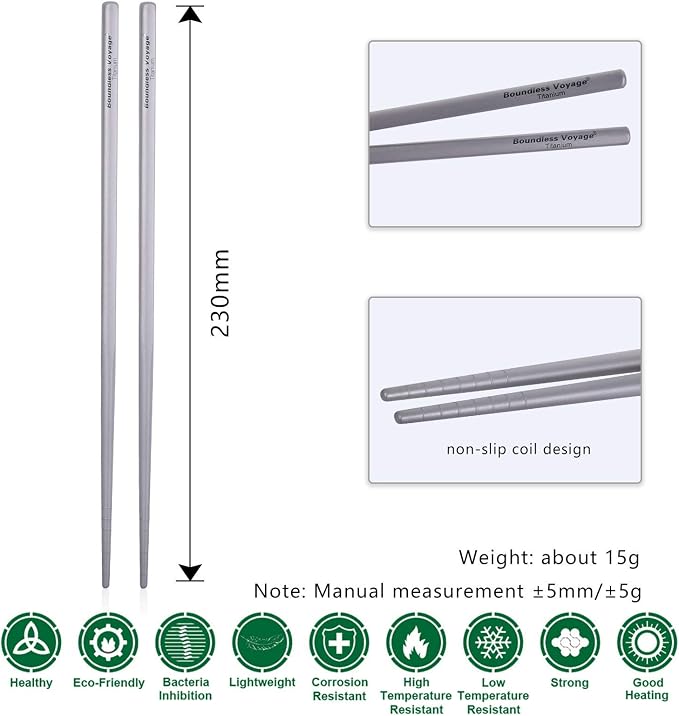 iBasingo Titanium Chopsticks Square Ultralight (15g) Skidproof Chinese Chopsticks for Camping, Travel & Home Use, Reusable Metal Utensil Durable Outdoor Cutlery (1 Pair Ti1001T)
