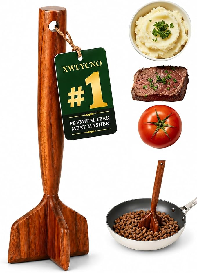 Meat Masher Ground Beef Chopper for Wooden Manual Tool Hamburger Wood Smasher Turkey Potato Chicken Grinder Teak Beed Tenderizer 2026 New Heavy Duty Kitchen Gadgets