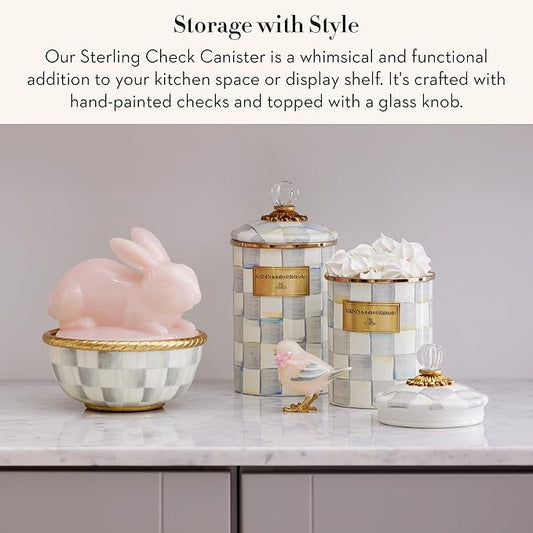 MACKENZIE-CHILDS Medium Enamel Canister, Kitchen Storage Container for Flour and Sugar, 1.42 Liters, Grey-and-White Sterling Check