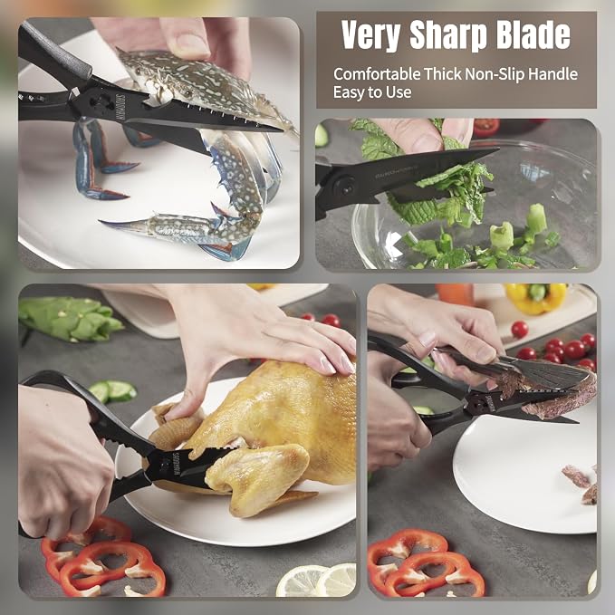 Kitchen Scissors All Purpose, Extra Sharp Kitchen Shears with Knife Sharpener & Sheath, Solid & Durable Stainless Steel Scissors with ANTI-RUST Black Titanium Plated, Dishwasher Safe – Blue