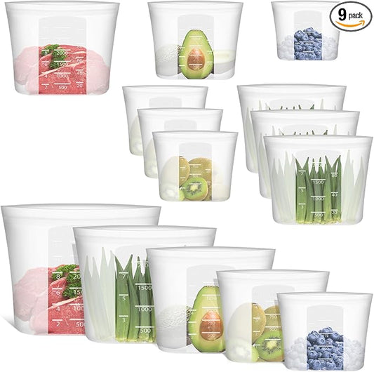100% Silicone Reusable Storage Bag, 9 Pack Stand-Up Wide-Mouth Zip-Lock Food Storage Bags, Easy-Fill Easy-Open Easy-Clean Space-Saving, Microwave & Dishwasher Safe, 1 XL/3 L/1 M/3 S/1 XS, Translucent