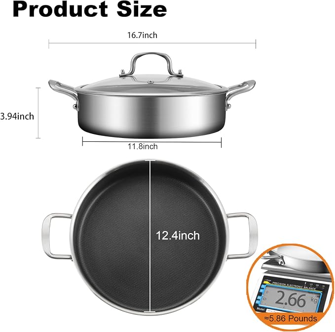 DELARLO Tri-Ply Stainless Steel 7QT Saute Pan 12 Inch Deep Frying Pan with lid Nonstick, Induction Compatible Chef Cooking Pan