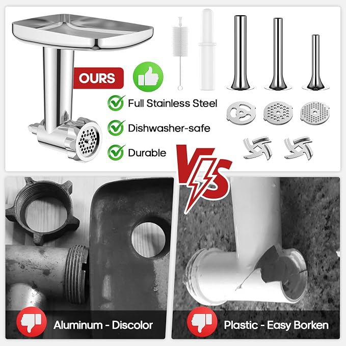 Stainless Steel Meat Grinder Attachment for KitchenAid Stand Mixer,Meat Grinder for KitchenAid Mixer Includes 3 Sausage Stuffer Dishwasher Safe Attachment by Gvode | Dishwasher Safe, Meat Grinder Attachment for KitchenAid Stand Mixer Includes 4 Grindin...