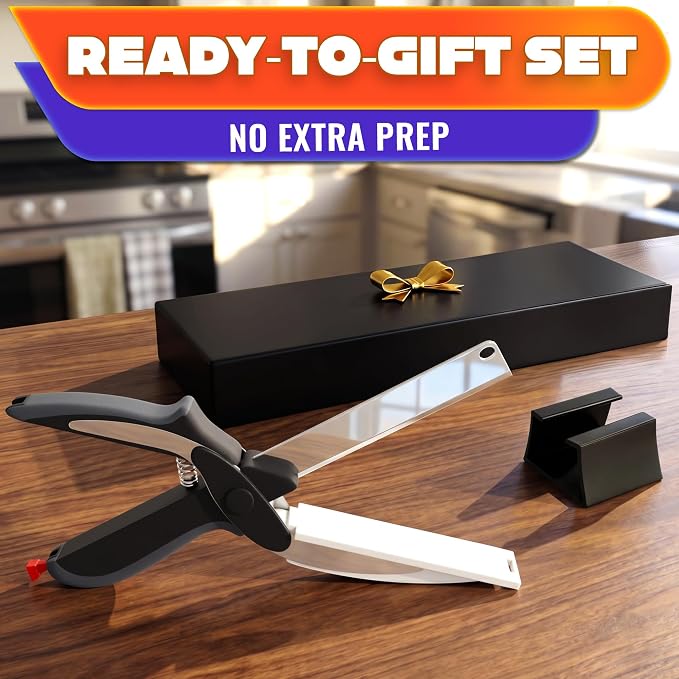 2 in 1 Kitchen Scissors for Food with Cutting Board, Safety Lock | Stainless Steel Cutting Board Scissors for Veggies, Fruit & Cheese; 9.5" Detachable Blade; Dishwasher Safe Tomato Knife