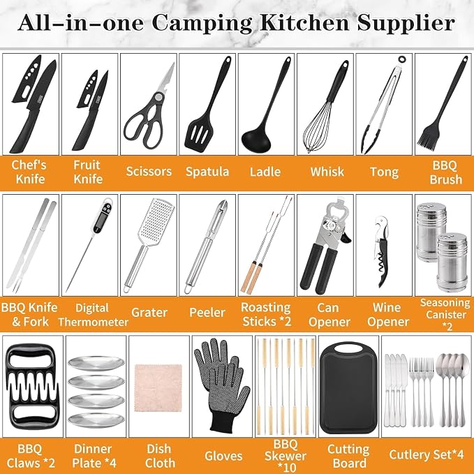 Wesqunie Camping Cooking Utensils Set, Cookware Set for Outdoor Hiking BBQ | Stainless Steel & Silicone Mess Kit, Durable Outdoor Kitchen Gear for Hiking, RV, Picnic Grill & Travel Camping Meal Prep