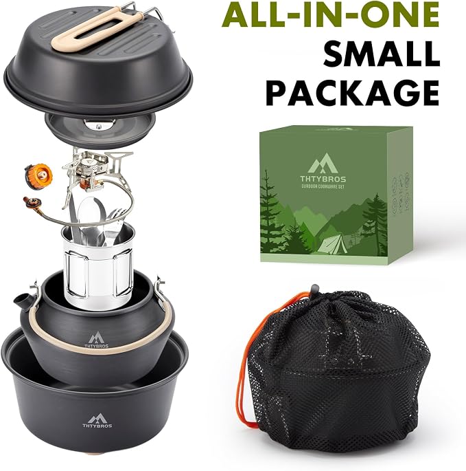 THTYBROS 27pcs Camping Cooking Set for 2-4 People, Portable Cookware Set with Kettle, Pots & Pans, Stainless Steel Utensils, Plates, Dishware for Backpacking, Picnic, Outdoor Adventures
