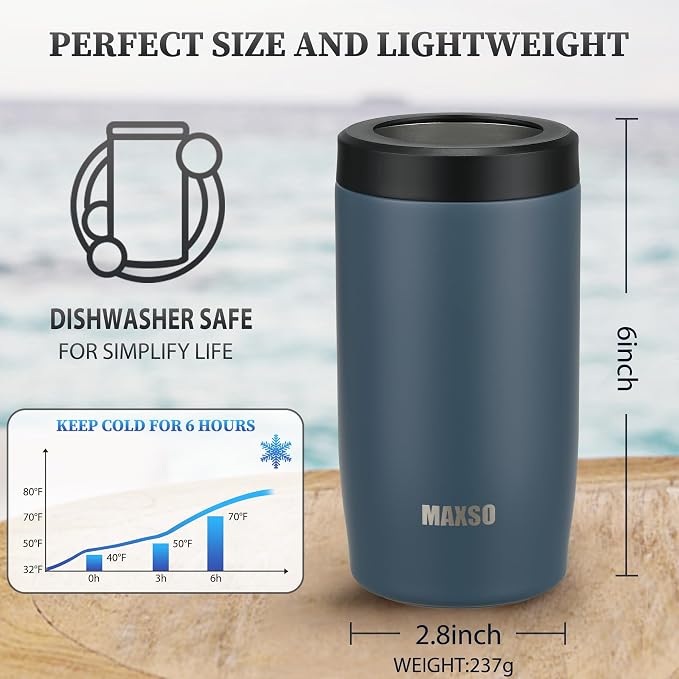 MAXSO Slim Can Cooler, 4-in-1 Double Walled Stainless Steel Insulated Beer Can Holder, Works With All 12 Oz Cans,Bottles & As A Pint Cups - Navy Blue