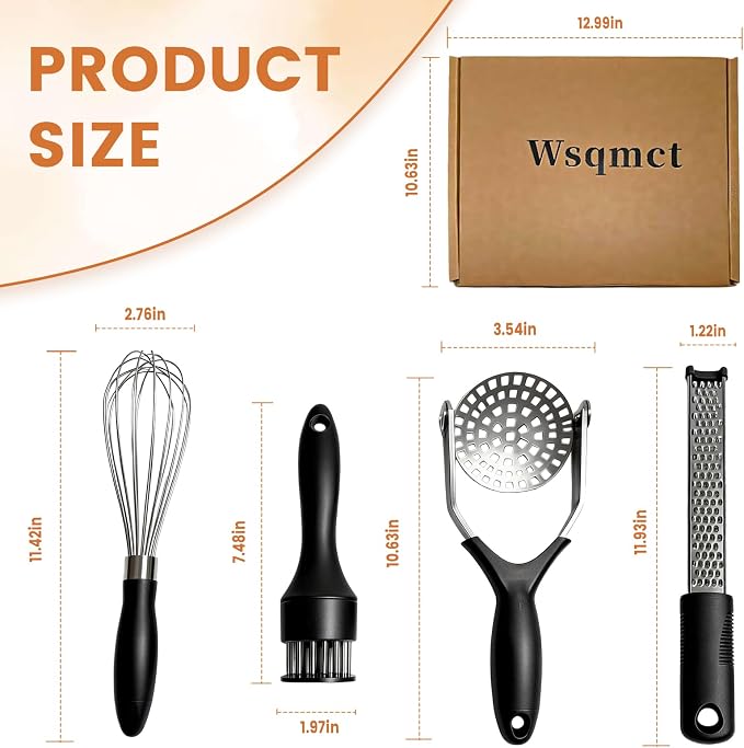 Kitchen Gadgets Set Stainless Steel Cooking Tools Essentials, Black, 4Pcs | Includes Whisk, Meat Tenderizer, Potato Masher Smasher, Grater Zester, Soft Ergonomic Handle, Dishwasher Safe, Space Saving