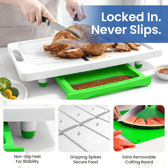 Karving King XL Deluxe Cutting Board - Spikes, Drip Tray & Meat Thermometer