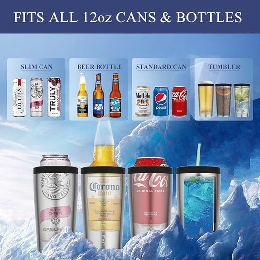 Pealeap 4-in-1 Insulated Slim Can Cooler for All 12oz Cans & Beer Bottles | Double-walled Stainless Steel Vacuum Can Cozy | Keep 8Hrs Cold | Universal Fits 12oz Drinks | No Sweat | Cup Holder Friendly