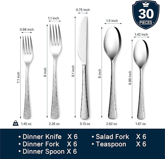 KINGSTONE Hammered Silverware Set, Flatware Set, 18/10 Stainless Steel Premium Cutlery with Unique Ripple Handles Design Mirror Polished - Dishwasher Safe (30-Piece)