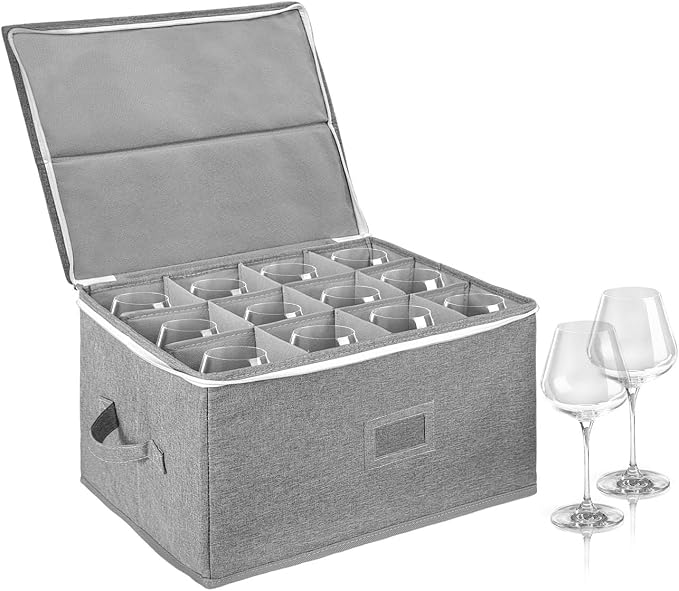 Wine Glass Storage Box Holds 12 - Stackable Hard Shell Organizer with Adjustable Dividers for Champagne Flutes & Crystal, Label Window, Durable Protector Case