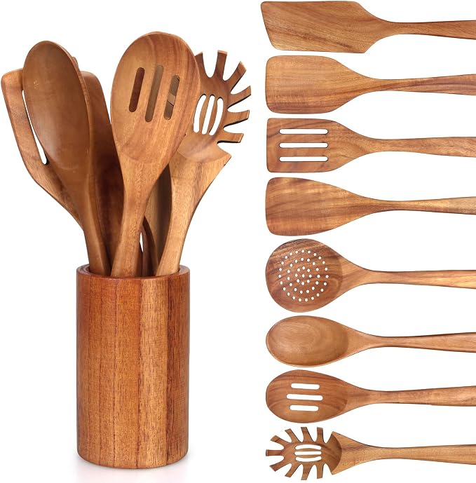 9 Pcs Wooden Kitchen Utensils Set with Holder Cooking Spoons Wood Spatula | Acacia Wood Spoons for Cooking Utensils Teak Flat Spatula Spurtles Large Mixing Serving Spaghetti Spoon Slotted Turner