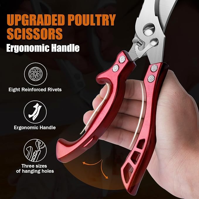 Poultry Shears Red - Heavy Duty Stainless Steel Kitchen Shears | Serrated Edge, Spring Loaded Rust Resistant, Multipurpose for Chicken Turkey Fish, Gift for Men Women