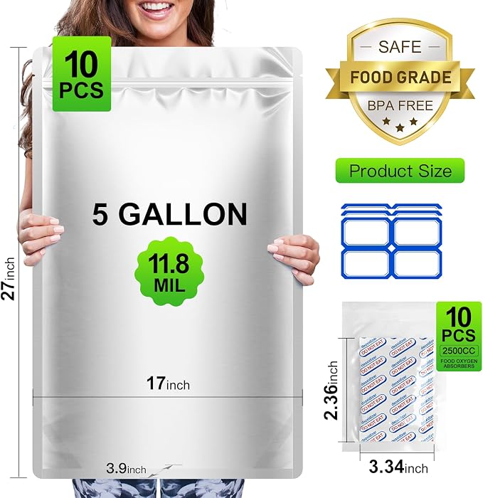 5-Gallon Mylar Bags with 2500cc Oxygen Absorbers for Food Storage, 10-Pack | 11.8 Mil Heavy Duty, 17x27 inch, Fits 5-Gal Buckets, 100% Light, Odor & Moisture Barrier, Resealable, Stand-up Zipper
