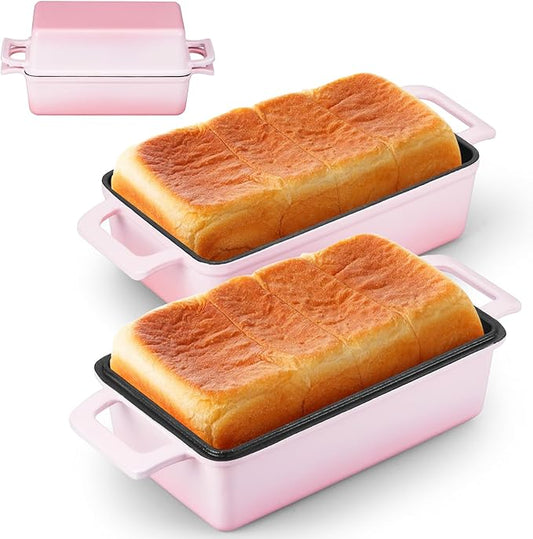 2-in-1 Cast Iron Bread Pan with Lid, Leonyo Enameled Cast Iron Loaf Pan, 9 x 6 inch Sourdough Baking Pan, Homemade Bread Dutch Oven for Pound Cake, Lasagna, Up to 500℉ & Pink