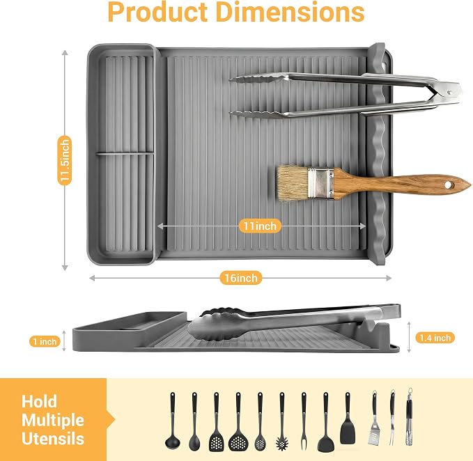 Silicone Grill Mat for Blackstone Griddles & Outdoor Grills - Heat Resistant (450°F) Countertop Protector, Non-Slip Tool Organizer & Grease Catcher, 16x11.5 Inch(Grey)