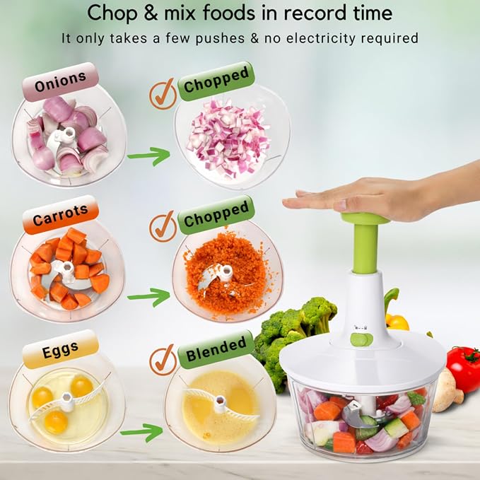 Brieftons Express Manual Food Chopper, 6.8-Cup Hand Pump Vegetable Chopper to Chop Veggies Onion Garlic Herbs, Tear-Free Onion Chopper & Salsa Maker for Camping RV Home, 3-Leaf Stainless Steel Blade