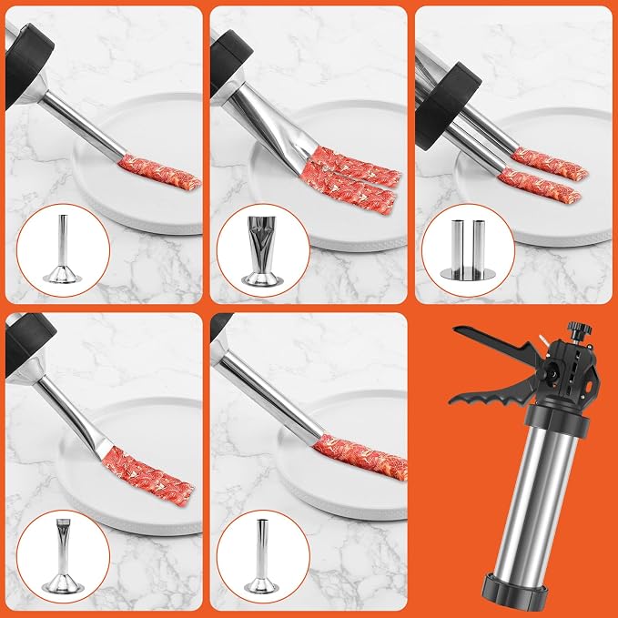 Large Capacity Jerky Gun Kit, Stainless Steel Beef Jerky Gun with 5 Nozzles, Sausage Stuffer and Jerky Maker, Includes Meat Pusher and Cleaning Brushes, Perfect for Homemade Jerky and Sausages
