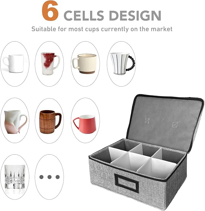 HURZMORO Cup and Mug Storage Box with Dividers – Stackable Hard Shell Organizer with Zipper Lid and Handles, Holds 6 Coffee Mugs or Tea Cups, Ideal for Moving and Packing(Grey)
