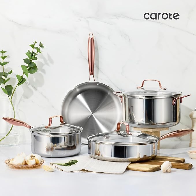 CAROTE 10" Tri-Ply Stainless Steel Frying Pan, Non-Toxic Egg Pan Omelet Pan, Oven Safe, Induction, Ceramic and Gas Cooktops Compatible, Polished Silver