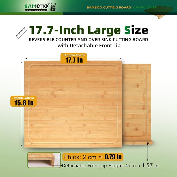 BAMOTTO CRAFTBAMBOO Bamboo Cutting Board 17.7"x15.8" for Kitchen | Detachable Front Lip for Counter Stability | Reversible Dual-Sided Juice Grooves | Sink & Stovetop Cover