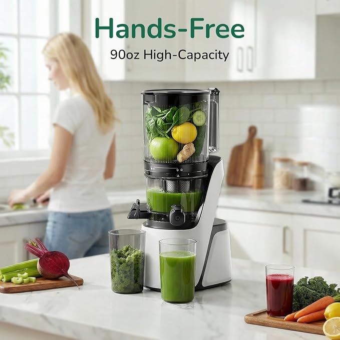 Canoly 3-in-1 Cold Press Juicer C16, Makes Juice & Sorbet & Nut Milk | 6" Extra Wide Feed Chute, Powerful AC Brushless Motor, Self Precut System, Juicer Machines with BPA-Free (Pearl White)