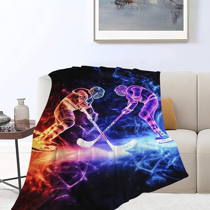 Yibuda Neon Hockey Player Blanket Ice Hockey Flannel Plush Throw Blanket Cozy Sports Fans Decor Fleece Stuff Blanket Gifts for Lover Girls Boys Kids Adults Women Bed Travel 50"x60"
