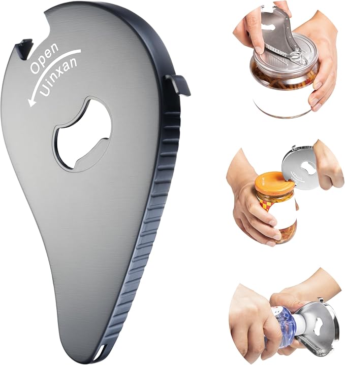 Uinxan 5 in 1 Bottle Opener for Seniors with Arthritis & Weak Hands | Opens Vacuum Seals, Water, Small Jar Lids(0.6"-2.7"), Beer Caps, Pull Tabs–Multi Portable Tool for Elderly/Women/Men (Black)