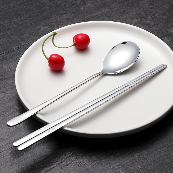Buyer Star 4 Set Silver Korean Chopsticks Spoon Set Reusable Metal Stainless Steel Spoon Chopstix Set