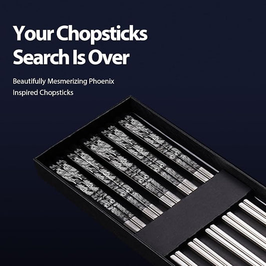 Phoenix Chopsticks Metal Reusable Designed In Korea Japanese Style Stainless Steel 316 18/10 Non-Slip Dishwasher Safe Laser Etched (Black - 5 Pairs)