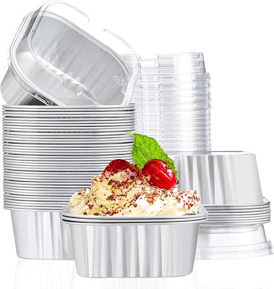 EUSOAR Baking Cups with Lids, 10oz 50pcs Square Muffin Liners Disposable Ramekins with Lids, 300ml Aluminum Foil Snacks Desserts Muffin Cups Flan, Pie Ramekin, Wedding Party Favor Baking Cups-Silver