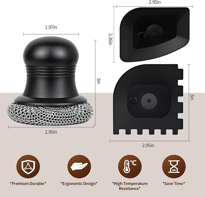 316 Upgraded Cast Iron Scrubber with Pan Scraper,Cast Iron Cleaner for Grill Pan Skillet Wok Carbon Steel,Ergonomic to Hold Easy to Use Dishwasher Safe ((Small Chain Mail))