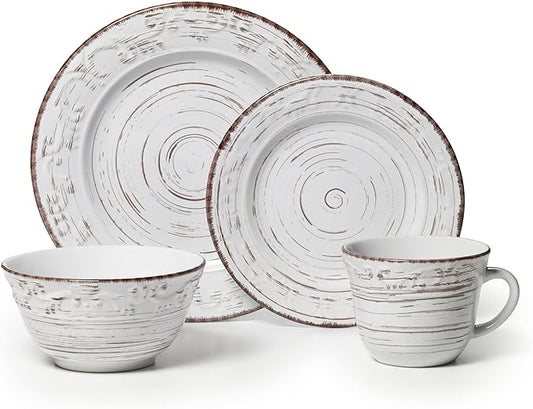 Pfaltzgraff Trellis White 16-Piece Stoneware Dinnerware Set, Service for 4, Distressed White Finish, Microwave & Dishwasher Safe Plates and Bowls
