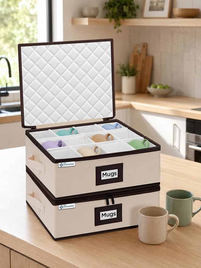 punemi Mug Storage Organizer, 2-Pack Hard Shell Boxes for Packing & Moving | Padded dividers, stackable design and carry handles for coffee mugs, tea cups and china storage, beige