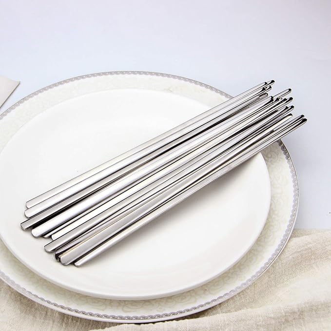 IQCWOOD Metal Chopsticks,10 Pairs 304 Stainless Steel Flat Chopsticks, 8.66 Inch Dishwasher Lightweight Korean Chopsticks Set Reusable Classic Style for Dinner