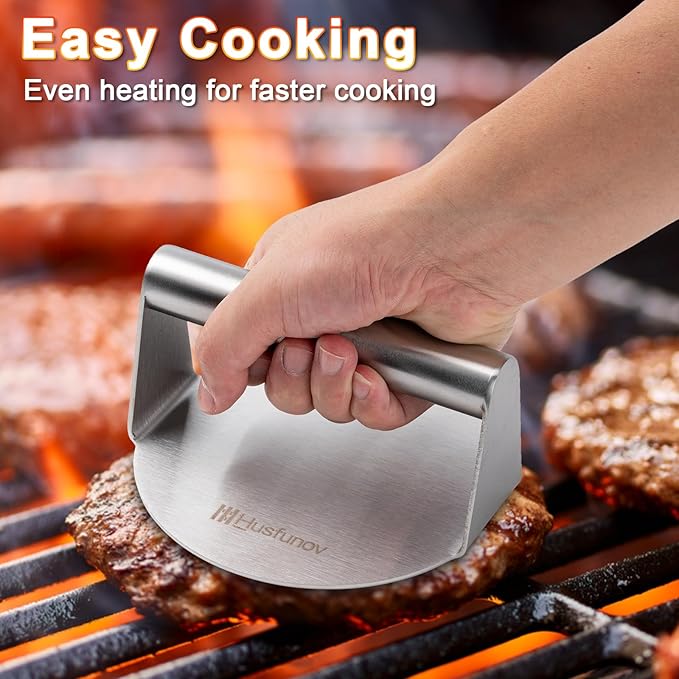 Stainless Steel Burger Press，5.5 Inch Round Smasher，Non-Stick Grill Press | Hamburger Smasher Tool for Griddle，Flat Bottom Without Ridges, for Cooking Burgers, Bacon, Ground Beef, Meats, Sausage